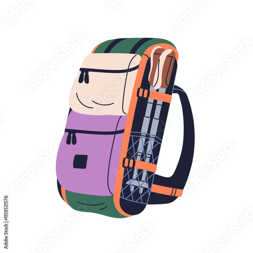 Travel backpack, rucksack. Hiking bag, packed haversack. Survival luggage, baggage, touristic camping knapsack with pockets, straps. Flat graphic vector illustration isolated on white background