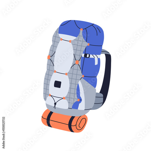 Travel backpack with rolled mat. Rucksack, haversack for hiking and camping. Survival bag, knapsack, touristic baggage packed with supplies. Flat vector illustration isolated on white background