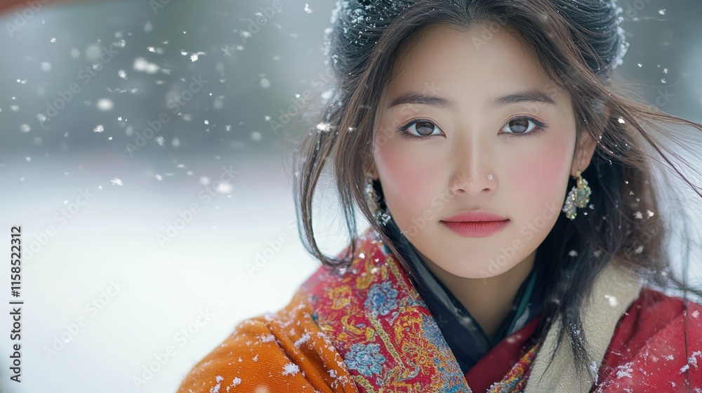 Young Tibetan Woman in Traditional Snowy Landscape Young Tibetan Woman in Traditional Snowy Landscape