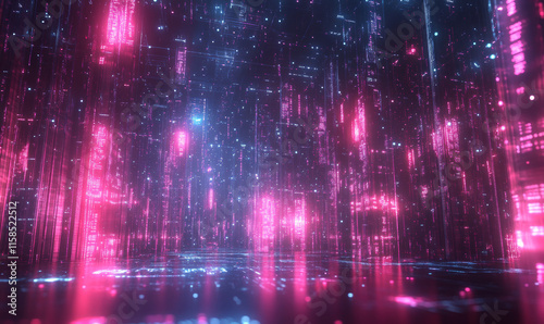 A quantum computing environment with floating, translucent AI algorithms and complex mathematical equations visualized in space