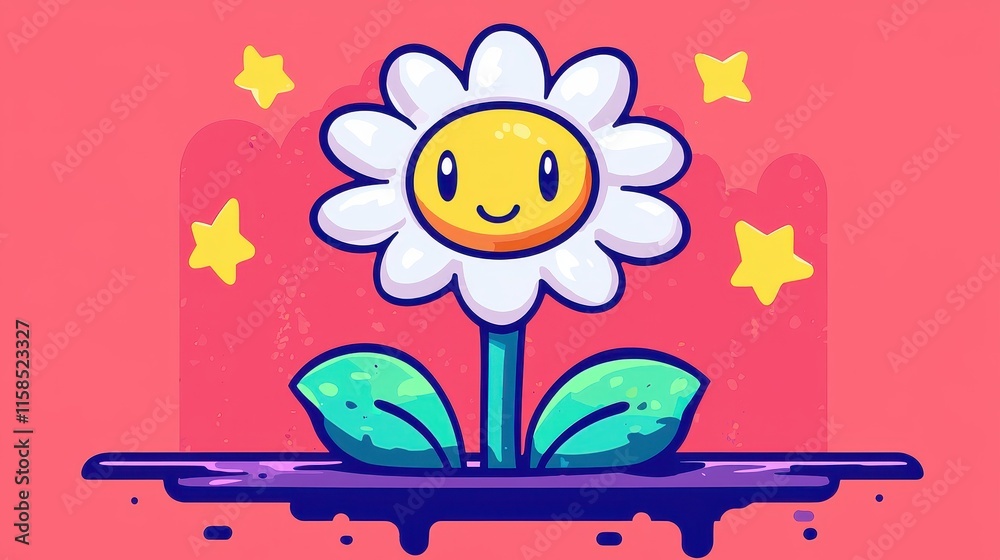 Fototapeta premium Happy Daisy Flower Illustration Cute Cartoon Floral Design Spring Bloom Childish Art Fun Bright