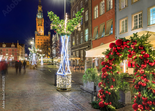 Beautiful Christmas tree in the old town of Gdansk at dusk. Poland photo