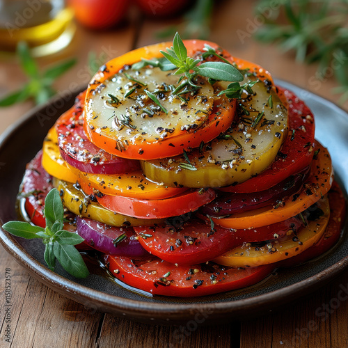 Heirloom Tomatoes Stack, Vibrant Herbs, Wooden Platter in Outdoor Scene for Farm-to-Table Cuisine