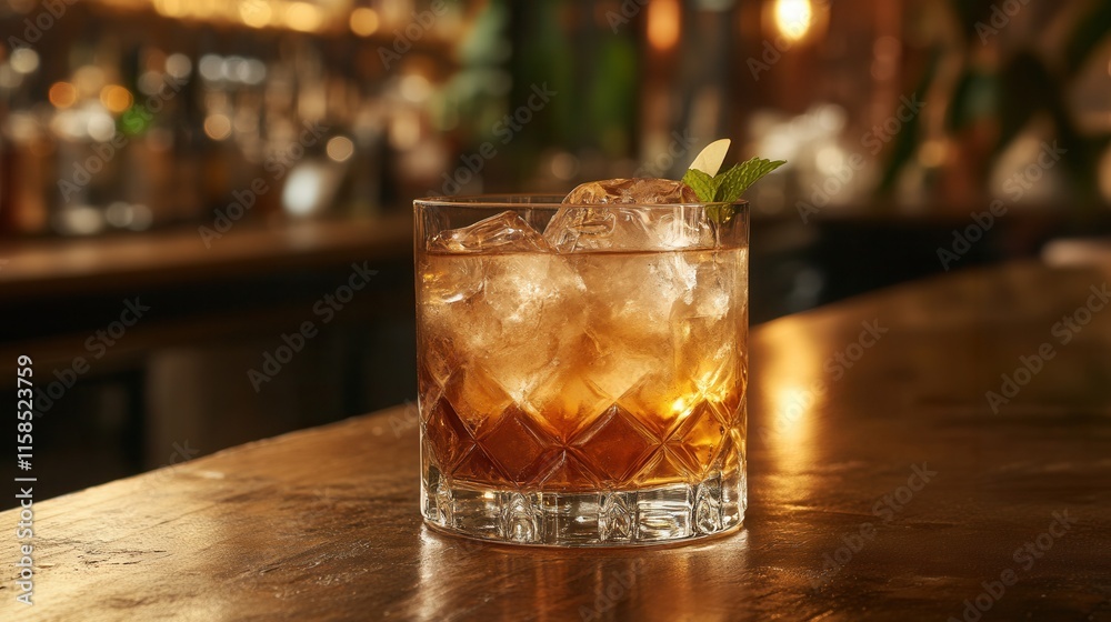 a tumbler of aged whiskey with large, clear ice cubes, served on a polished wooden bar with soft warm lighting. a tumbler of aged whiskey with large, clear ice cubes, served on a polished wooden bar with soft warm lighting.