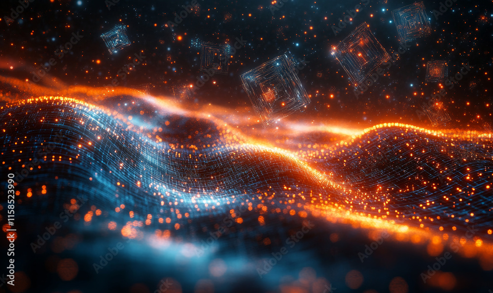 Obraz premium A quantum computing environment with floating, translucent AI algorithms and complex mathematical equations visualized in space