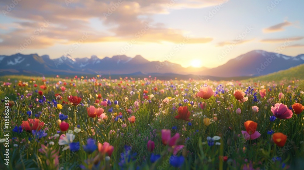 Fototapeta premium Vibrant wildflowers bloom in a mountain meadow at sunset.