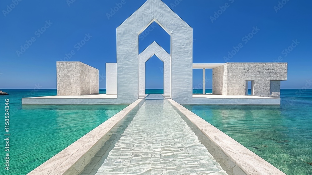 Fototapeta premium Modern White Architecture with Geometric Arches and Water Feature on a Tropical Island.