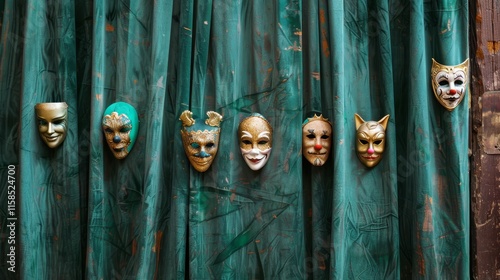 Dark green velvet theater curtain adorned with colorful clown masks for a whimsical display photo