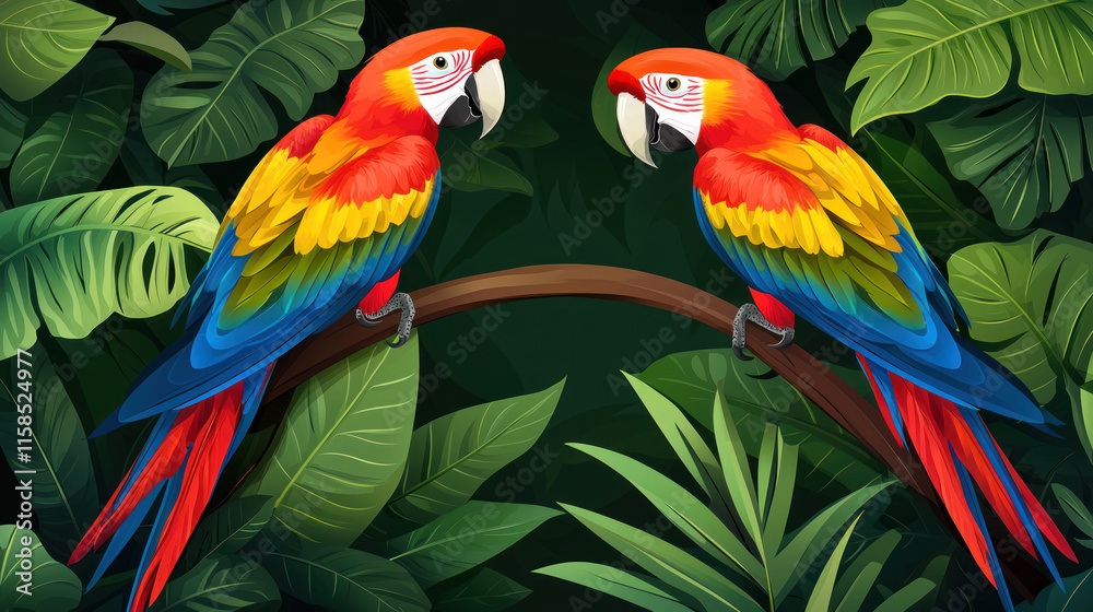 Vibrant jungle scene with colorful parrots perched on branch, surrounded by lush greenery Vibrant jungle scene with colorful parrots perched on branch, surrounded by lush greenery
