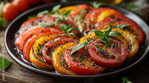 Heirloom Tomatoes Arrangement on Wooden Platter, Rustic Kitchen Background for Food Photography and Gourmet Cuisine Advertising