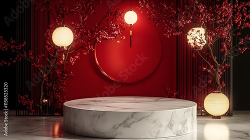 A white marble podium with a red silk backdrop, illuminated by soft lantern light, awaiting the placement of a Chinese New Year product