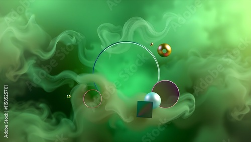 Abstract background with bubbles green smoke beach gold bubble, and circle swirl colrful isolated digital art design. photo