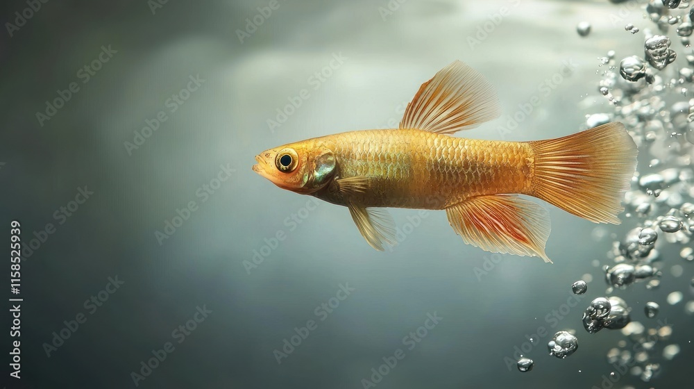 Fototapeta premium Single golden fish swimming in aquarium with bubbles.
