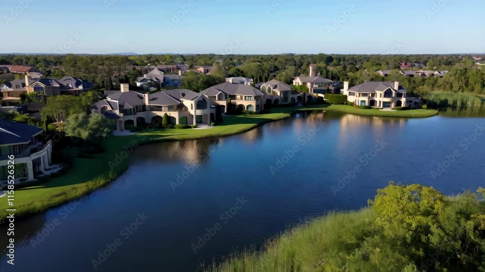 Serene aerial view of lakeside luxury homes at sunset Serene aerial view of lakeside luxury homes at sunset