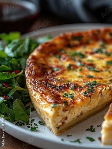 Golden Brown Pizza Slice with Fresh Basil Garnish Against Dark Background, for Dining or Home Cooking