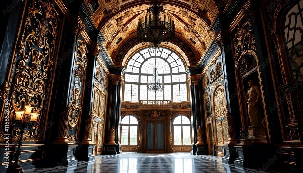 Obraz premium magnificent interior palace design with gold and black baroque style design generated by Ai