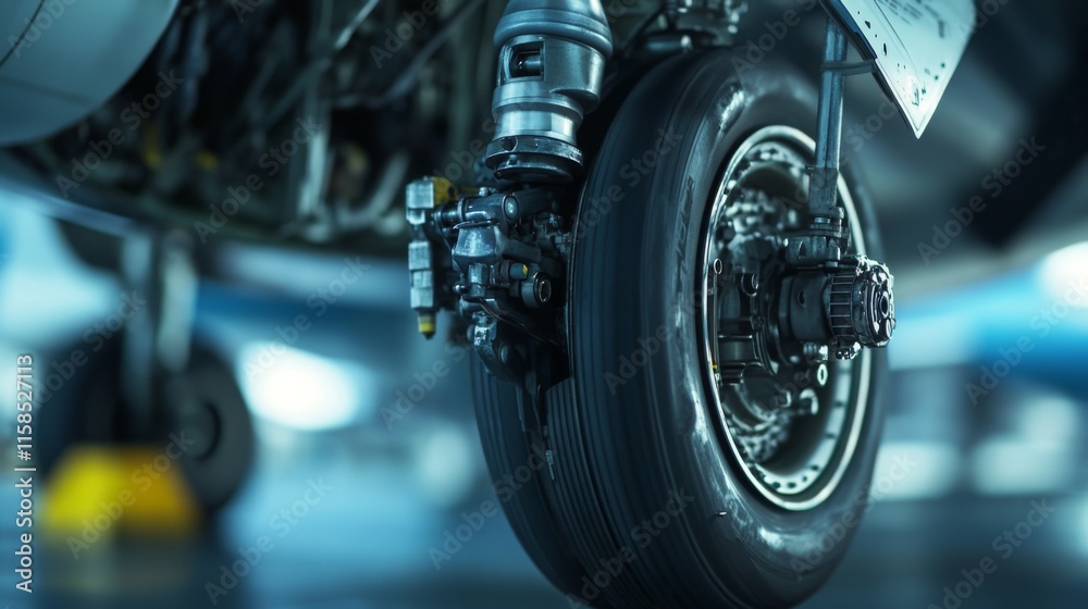 Fototapeta premium Airplane wheel compartment with mechanical components and hydraulic systems, essential for safe landing and takeoff. Precision engineering and aviation safety concepts.