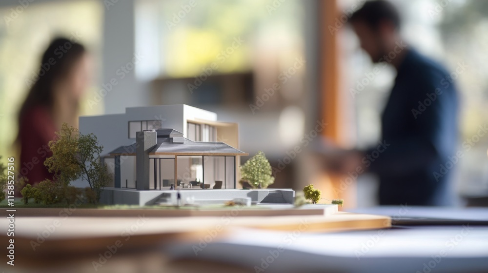 A detailed architectural model of a modern house is shown in a real estate office. Two professionals are engaged in conversation, reviewing plans and discussing project details in a bright workspace. A detailed architectural model of a modern house is shown in a real estate office. Two professionals are engaged in conversation, reviewing plans and discussing project details in a bright workspace.
