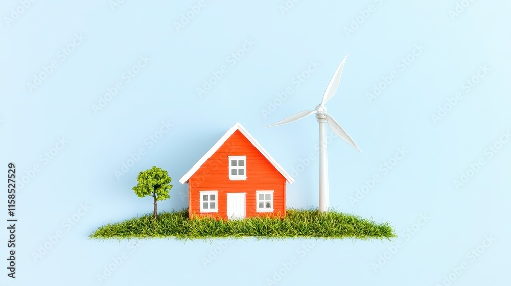 A colorful model house with a wind turbine and tree, set against a light blue background, symbolizing sustainable living and renewable energy. A colorful model house with a wind turbine and tree, set against a light blue background, symbolizing sustainable living and renewable energy.