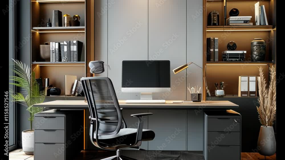 A modern office workspace featuring a sleek desk, ergonomic chair, decorative plants, and elegant lighting, promoting productivity. A modern office workspace featuring a sleek desk, ergonomic chair, decorative plants, and elegant lighting, promoting productivity.