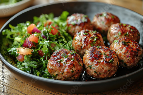 Six Meatballs with Sauce and Salad on Wooden Table, Warm Indoor Setting for Culinary Content