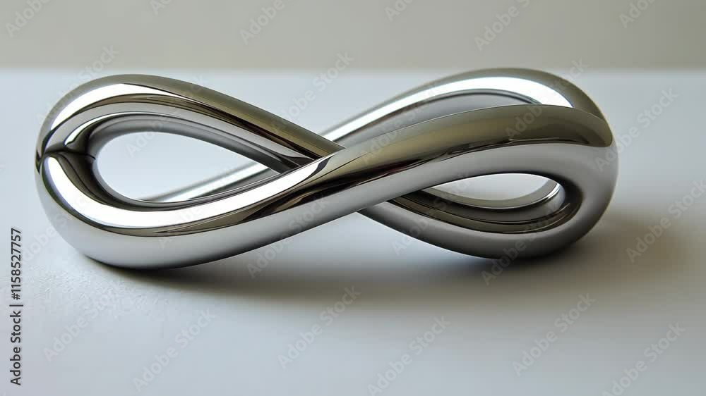 Sleek metallic infinity symbol sculpture on a white surface enhancing modern decor Sleek metallic infinity symbol sculpture on a white surface enhancing modern decor