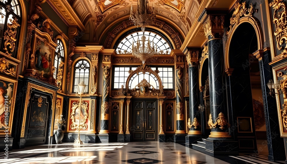 Obraz premium magnificent interior palace design with gold and black baroque style design generated by Ai