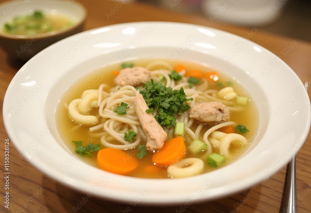 Asian soup noodles and chicken in bowl Asian soup noodles and chicken in bowl