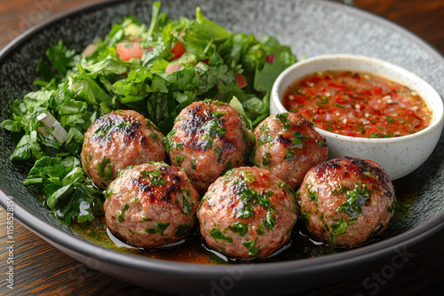 Meatballs and Salad Platter, Herbs, Cilantro, Dipping Sauce, Dark Blue Surface, Natural Lighting for Food Photography