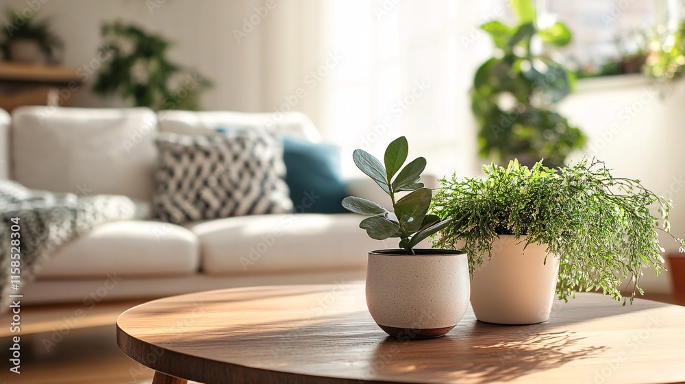 Fototapeta premium Potted plants decorating modern living room with sofa in background