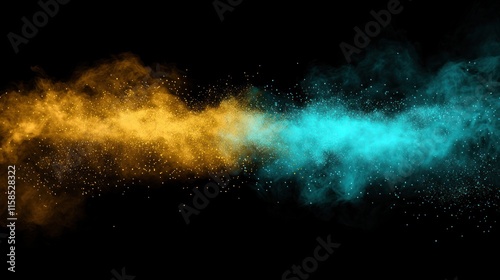 Abstract gold and cyan smoke colliding on black background.