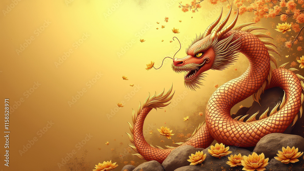 Obraz premium Majestic Golden Dragon, Autumn Flowers - Mythological Creatures