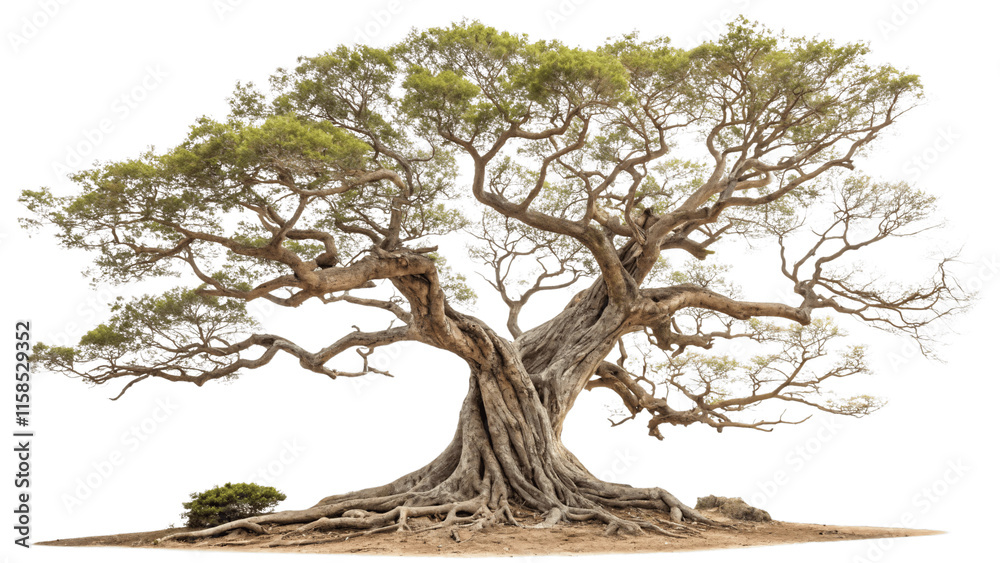 Fototapeta premium A sprawling tree with thick roots and graceful branches extending outward, embodying strength, resilience, and the passage of time, isolated on a transparent background