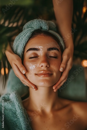 Woman receiving a facial treatment, relaxing with eyes closed, face mask applied.