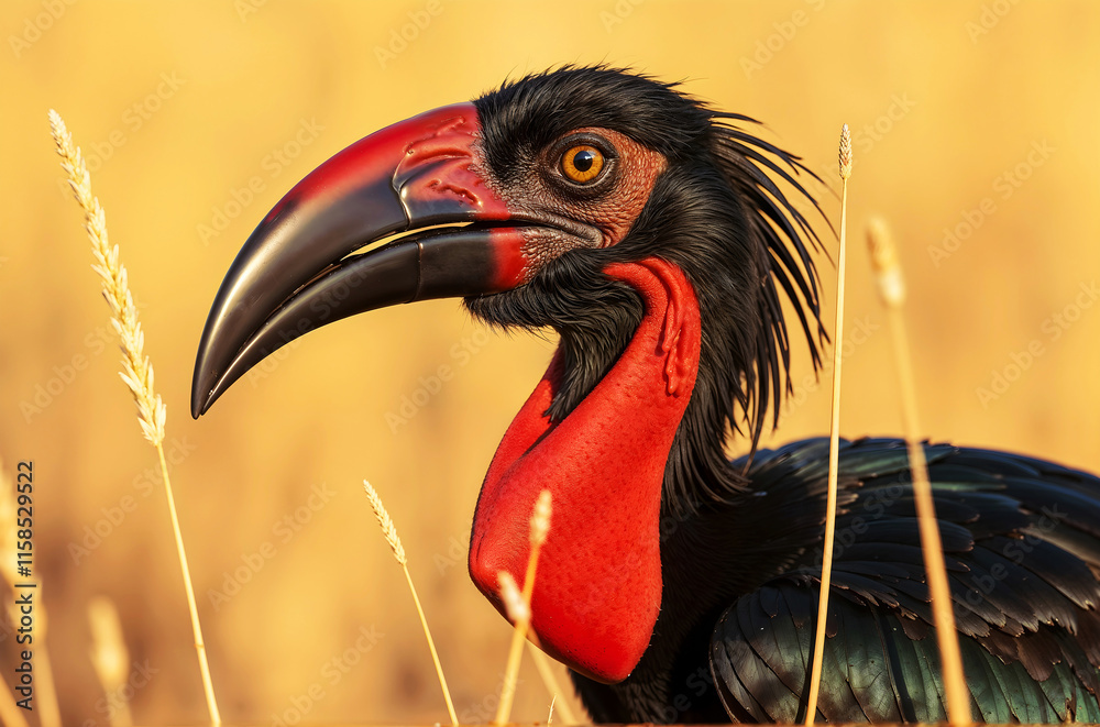 Obraz premium A bird with a red beak and a red head is standing in tall grass