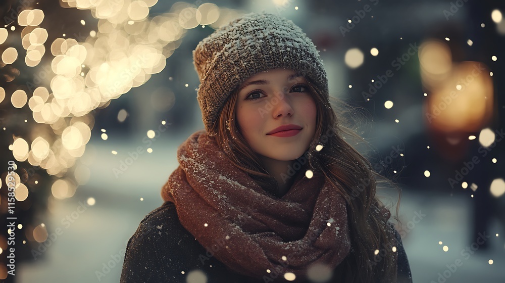 Young woman in winter, snow falling, city lights. Young woman in winter, snow falling, city lights.