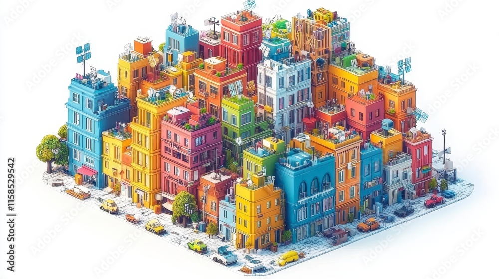 Obraz premium A vibrant, colorful cityscape filled with uniquely styled buildings, trees, and cars, showcasing a playful urban design.