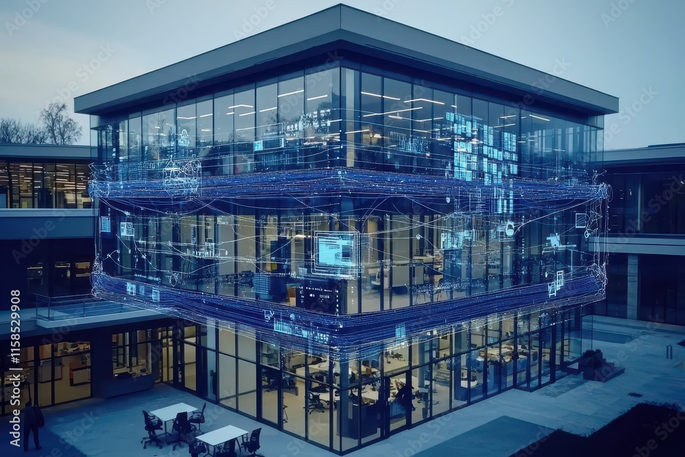 Modern Office Building with Digital Data Visualization Overlay Modern Office Building with Digital Data Visualization Overlay