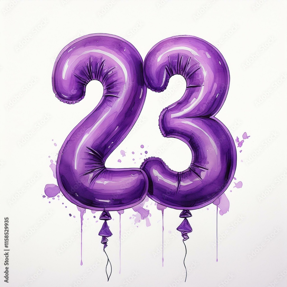 Purple birthday / anniversary balloon, number 23, watercolor painting with white background Purple birthday / anniversary balloon, number 23, watercolor painting with white background