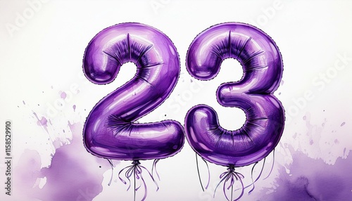 Purple birthday / anniversary balloon, number 23, watercolor painting with white background photo