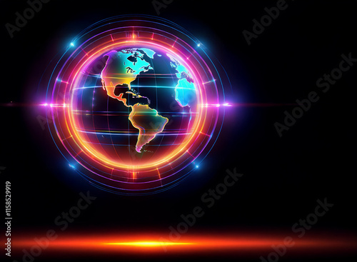 A vibrant, holographic Earth glows within a neon circular frame against a dark background, illuminated by bright lens flares.  The futuristic design evokes themes of global connection and technology. photo