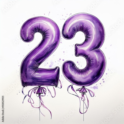 Purple birthday / anniversary balloon, number 23, watercolor painting with white background photo