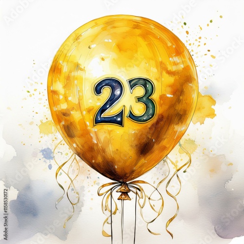 Yellow birthday / anniversary balloon, number 23, watercolor painting with white background photo