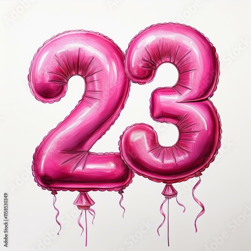 Pink birthday / anniversary balloon, number 23, watercolor painting with white background photo