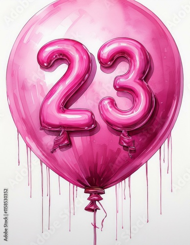 Pink birthday / anniversary balloon, number 23, watercolor painting with white background photo