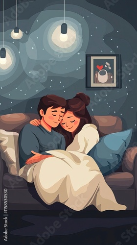 Cozy Couple at Home Vector Illustration for Valentine’s Day, Intimate Couple Moments at Home,Valentine’s Day, Day of Love