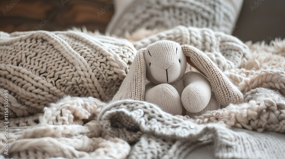 A cuddly stuffed bunny resting on a heap of warm cozy blankets A cuddly stuffed bunny resting on a heap of warm cozy blankets