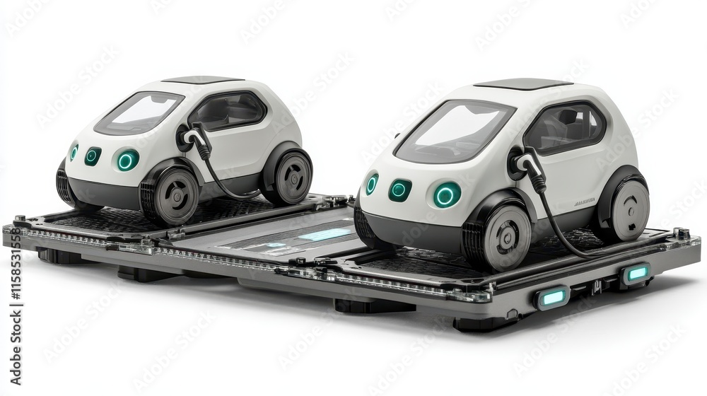 Two compact electric vehicles positioned on a charging platform, showcasing innovative design and sustainable technology. Two compact electric vehicles positioned on a charging platform, showcasing innovative design and sustainable technology.