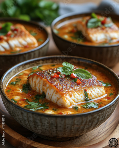 Fish Stew with Herbs and Chilies in Black Bowls, Served on Wooden Platters Indoors