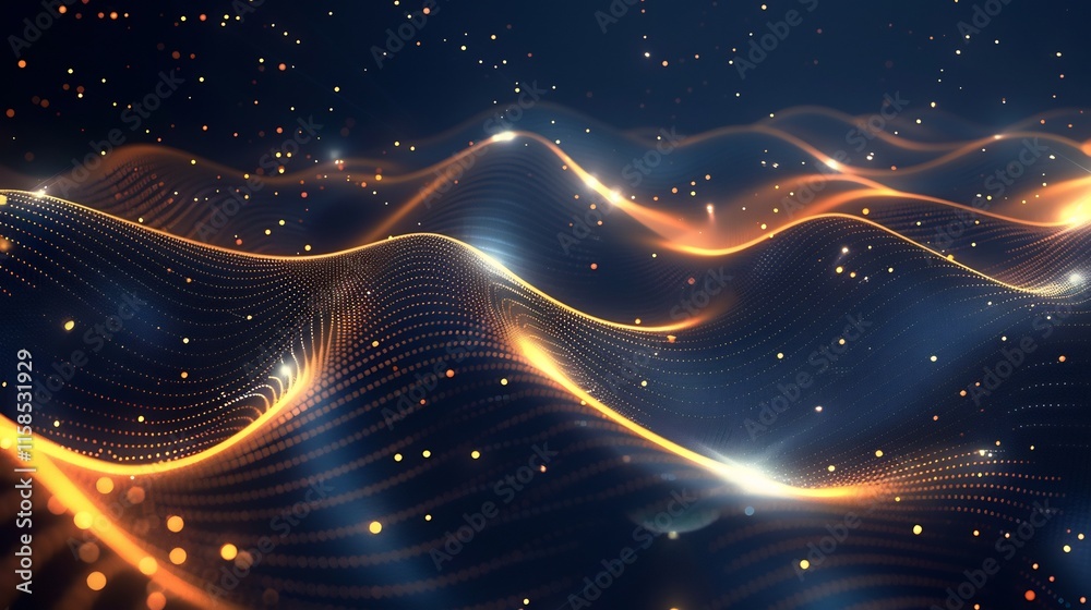 Obraz premium Abstract Golden Waves Digital Art: A mesmerizing display of glowing, undulating lines and particles, evoking feelings of serenity and wonder.